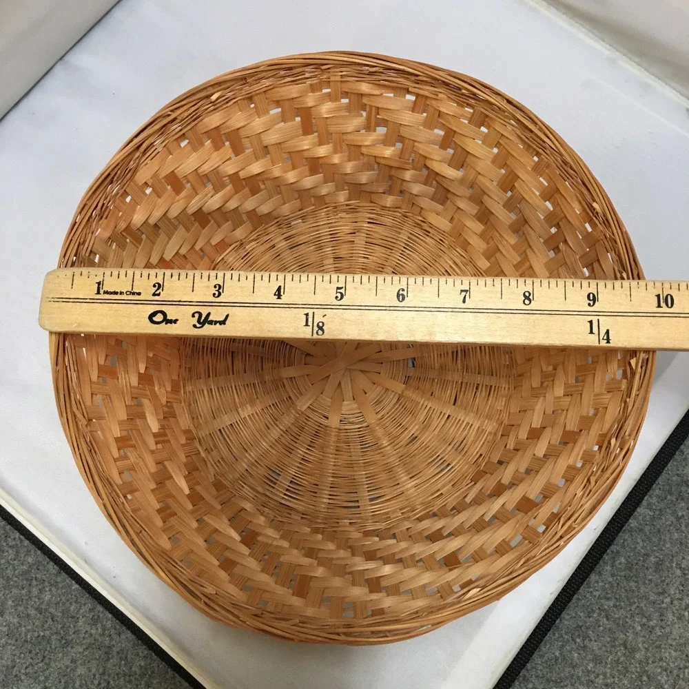 Woven Bamboo Basket Unisex Medium Brown Round Natural Storage Bowl Cottagecore